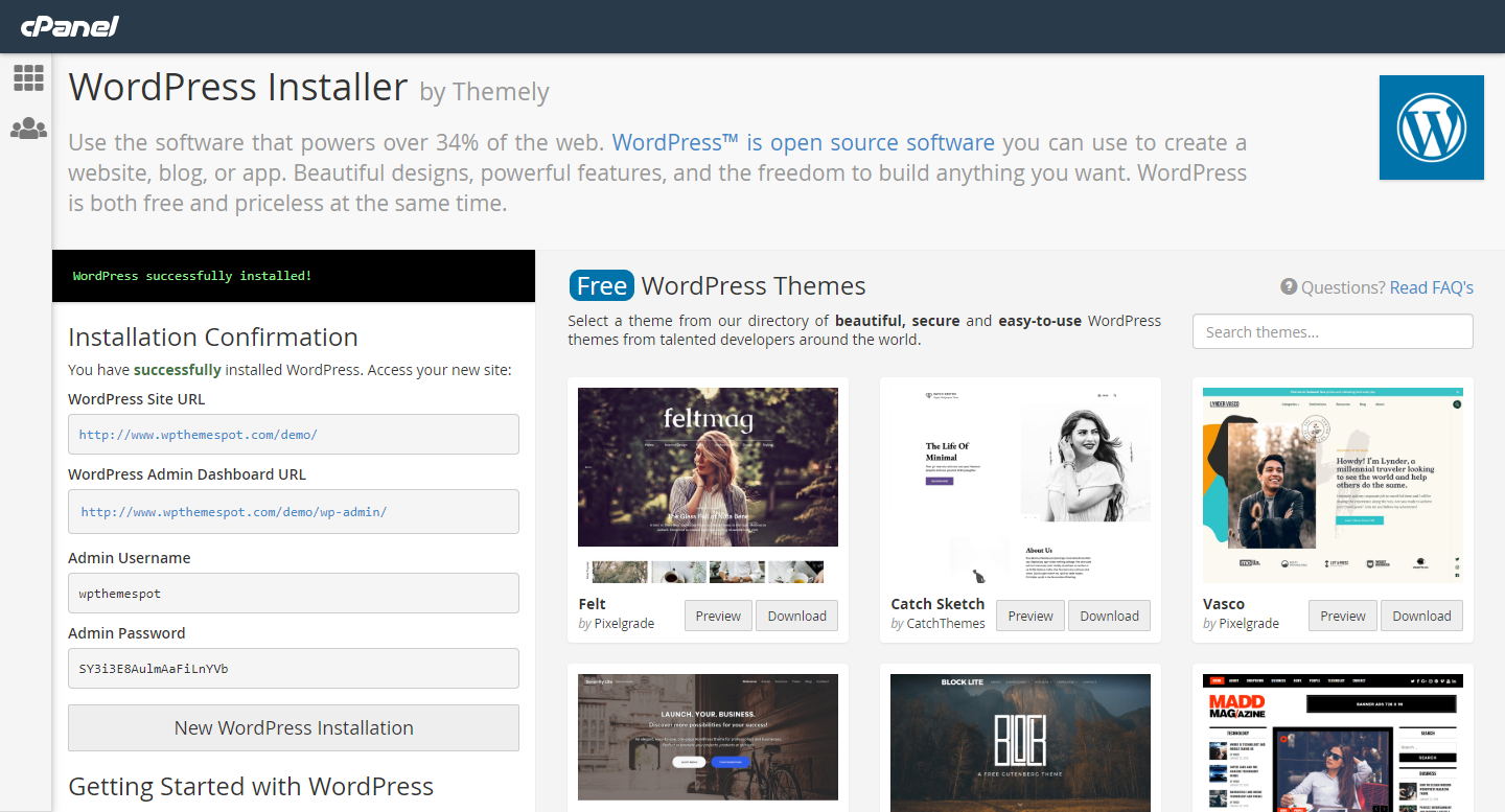 Preview of cPanel dashboard for Themely WordPress Installer