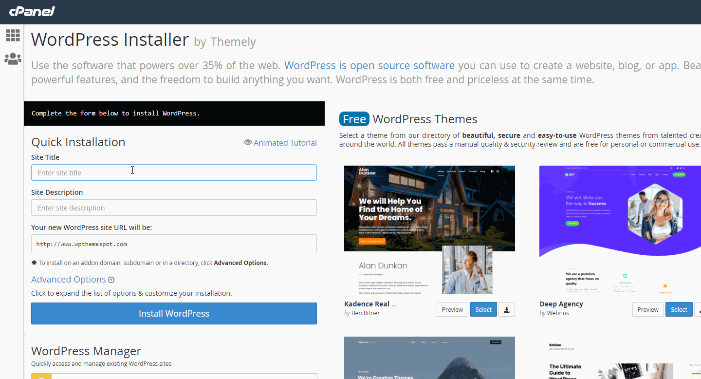 Preview of cPanel dashboard for Themely WordPress Installer