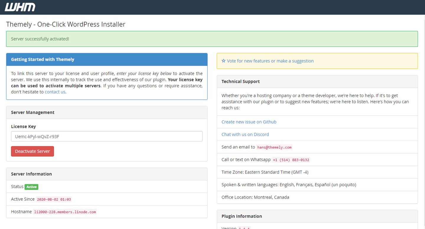 Preview of WHM Dashboard for Themely WordPress Installer